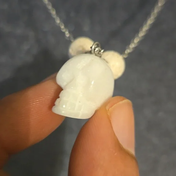 Carved White Jade Skull & Lava Stone Healing & Protection Natural Stone Necklace - Picture 3 of 6